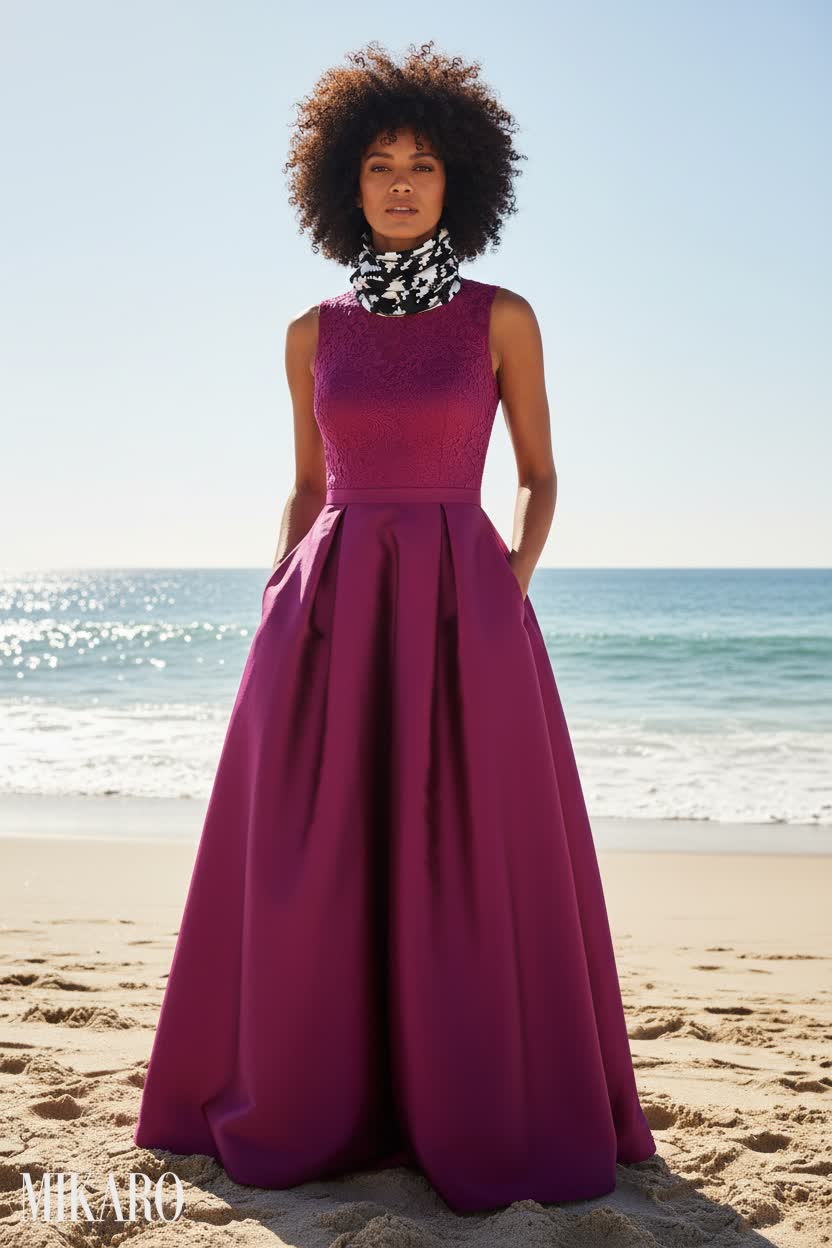 Elegant Evening Dress Meets Sporty Snood on a Sunny Beach