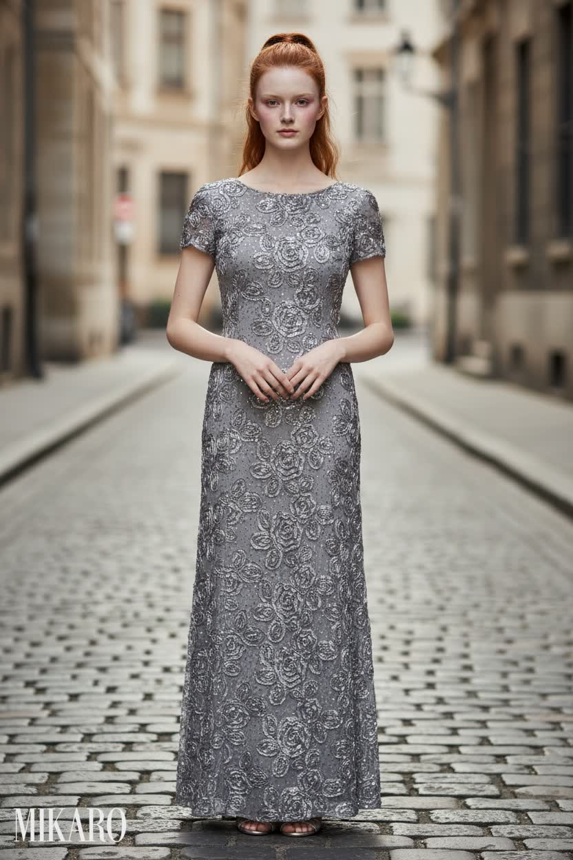 Elegant Evening Gown on a Cobblestone Street