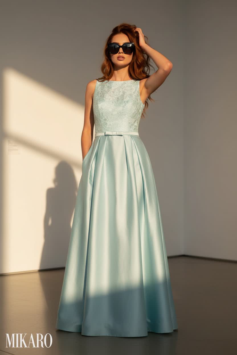 Elegant Evening Gown with Oversized Sunglasses
