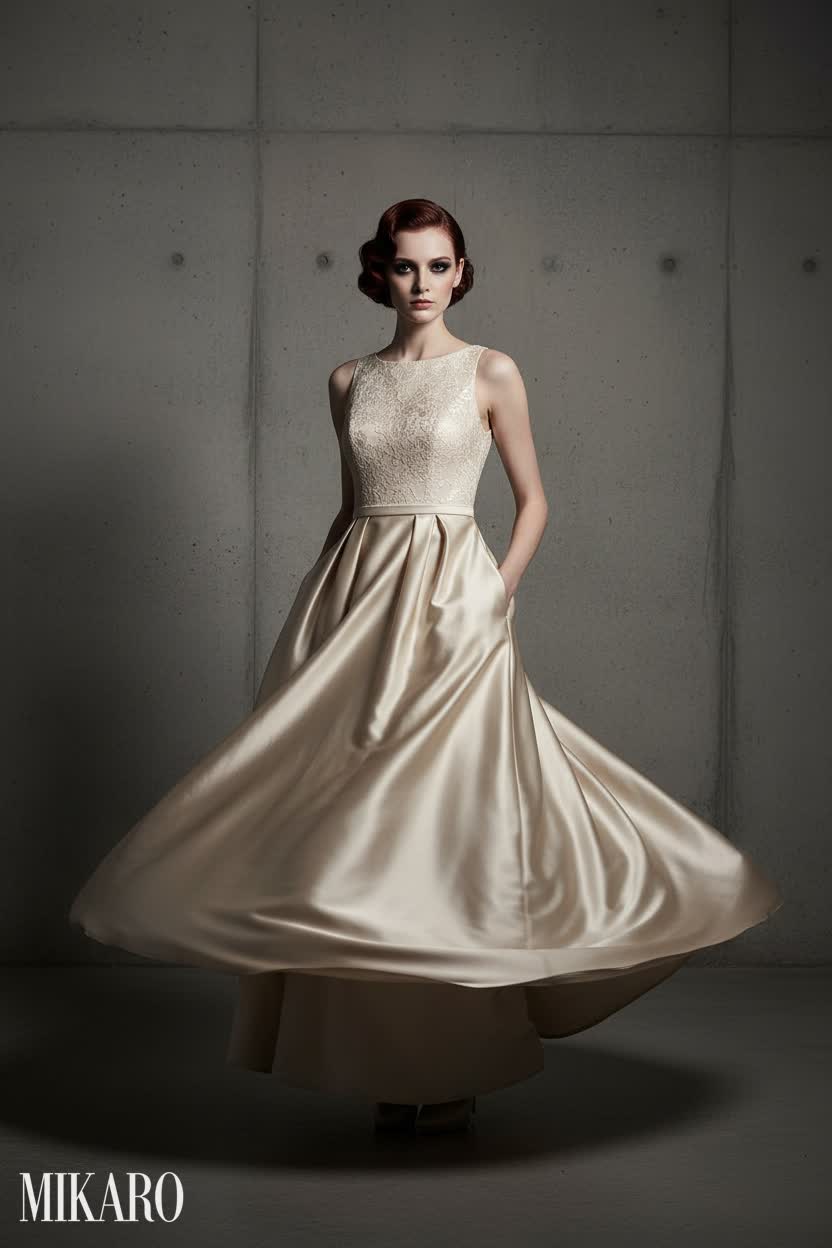 Elegant Evening Spin: Satin and Lace Gown on Concrete