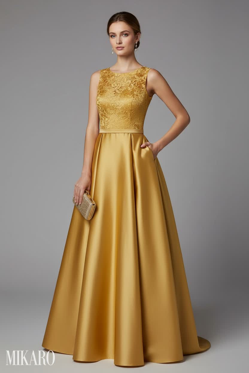 Elegant Gold Gown with Micro Bob