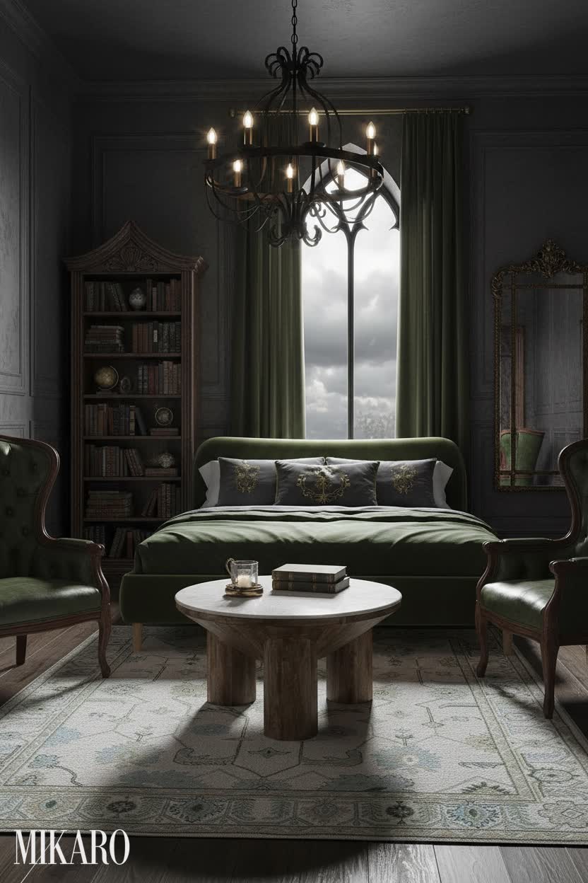 Elegant Gothic Bedroom: Velvet Bed, Marble Coffee Table & Wool Rug for a Refined Retreat