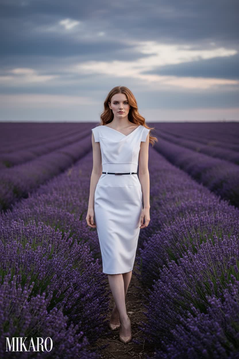 Elegant Jackie O Belted Dress in Lavender Fields