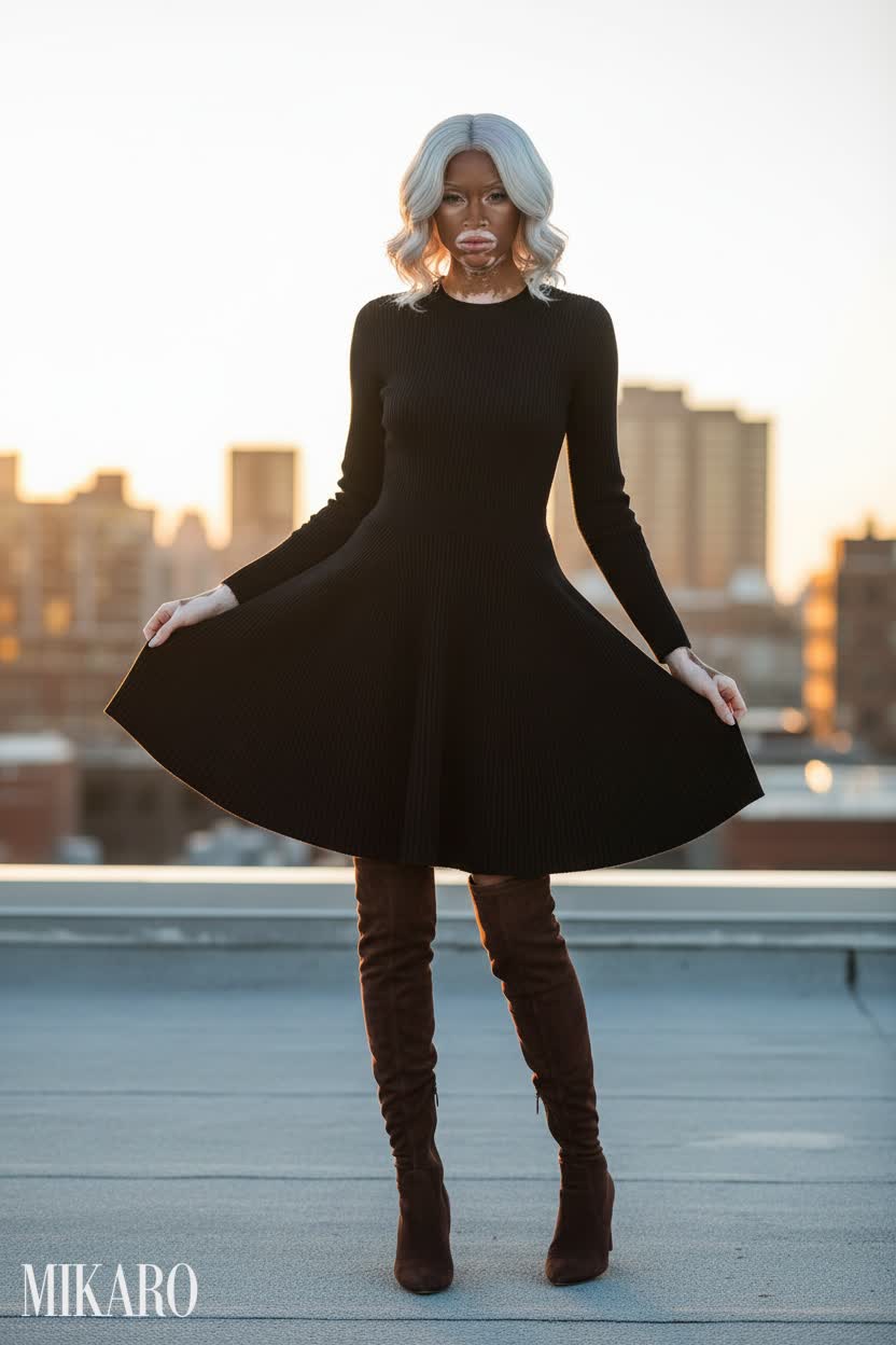 Elegant Knit Dress and Suede Boots Ensemble