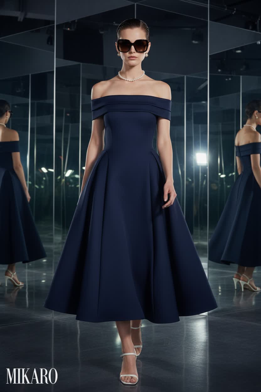 Elegant Midnight Blue Midi Dress with Chic Sunglasses in a Mirrored Studio