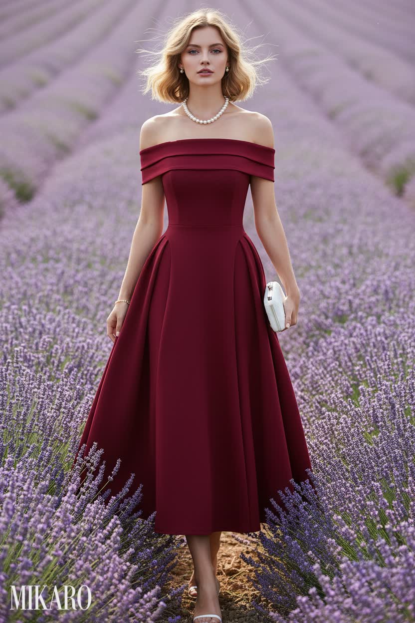 Elegant Off-Shoulder Midi Dress in Lavender Field