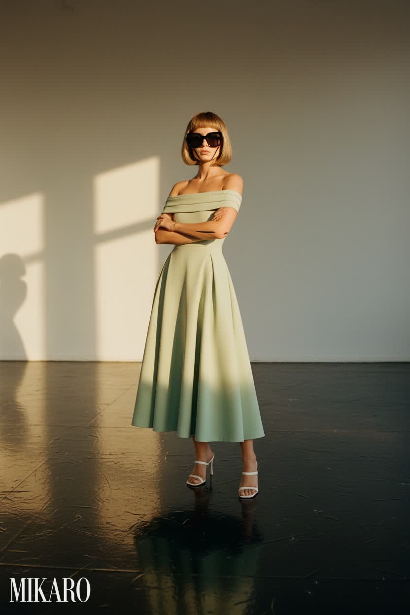 Elegant Off-Shoulder Midi Dress with Oversized Sunglasses