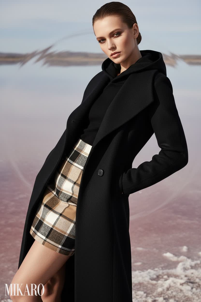 Elegant Plaid Skirt and Long Black Coat Ensemble
