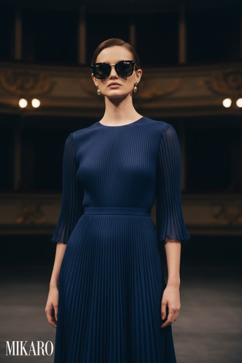 Elegant Pleated Dress with Classic Clubmaster Sunglasses