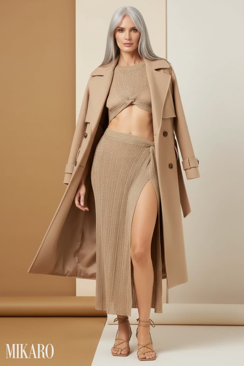 Elegant Ribbed Knit and Trench Coat Ensemble