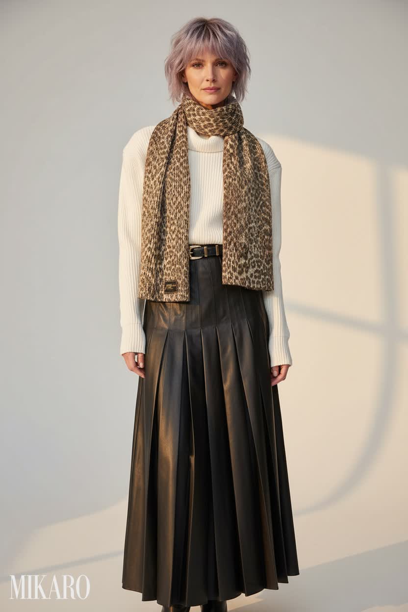 Elegant Ribbed Knit with Leopard Scarf and Pleated Maxi Skirt