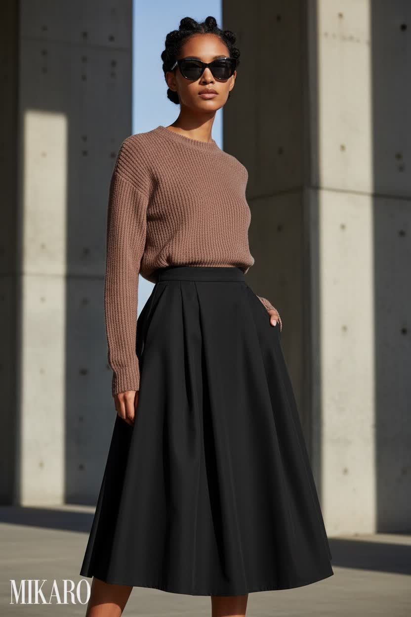 Elegant Ribbed Top with High-Waisted A-Line Skirt and Cat-Eye Sunglasses