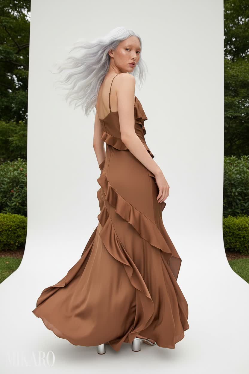 Elegant Ruffle Gown in Nutmeg