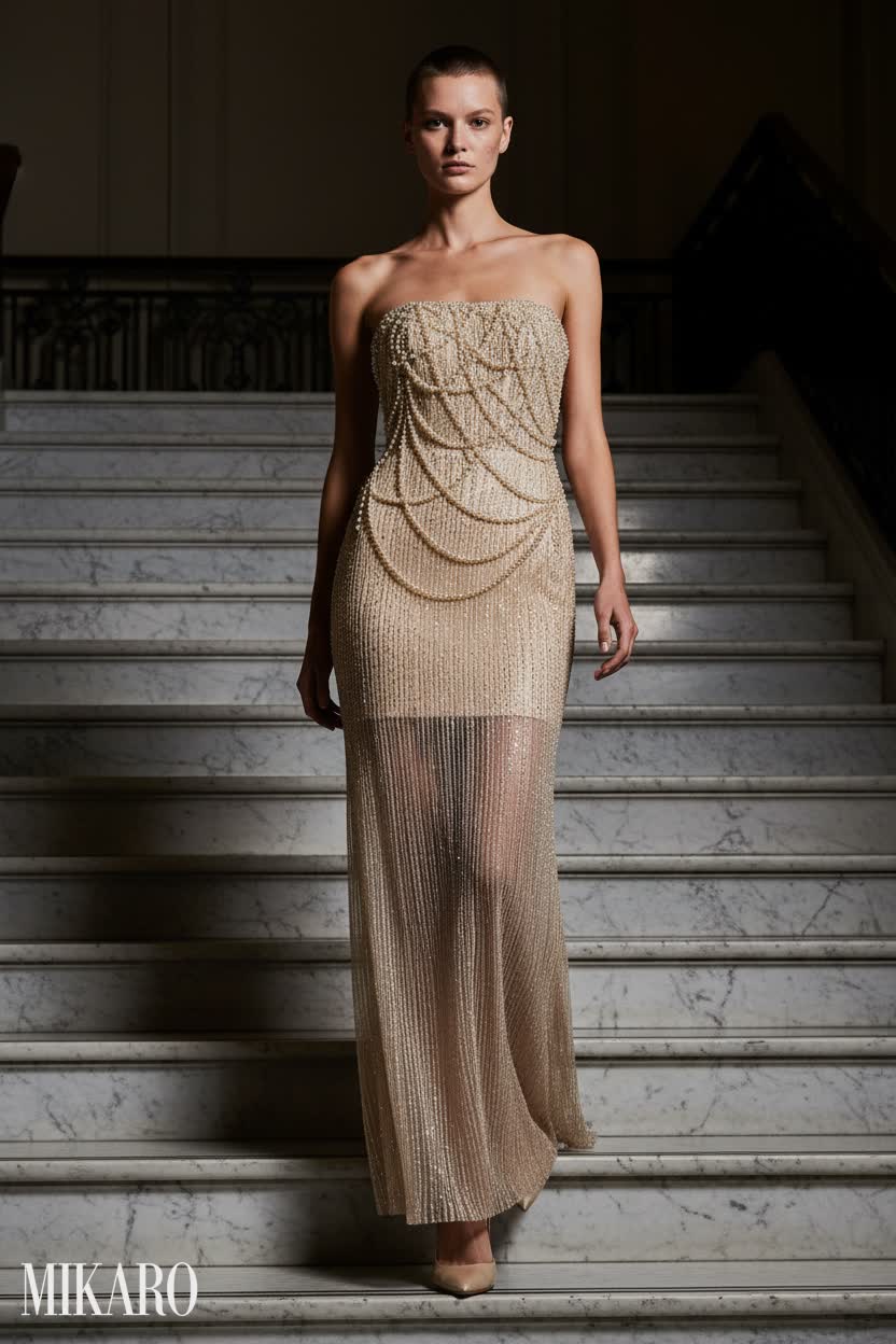 Elegant Sequin & Pearl Gown on Marble Staircase