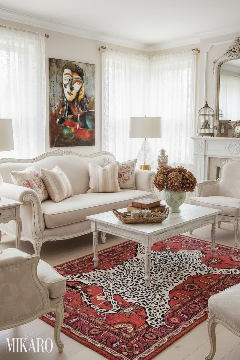Elegant Shabby Chic Living Room: ZABEES Lamp, Leopard Rug, & Homme I Wall Art for a Refined Home