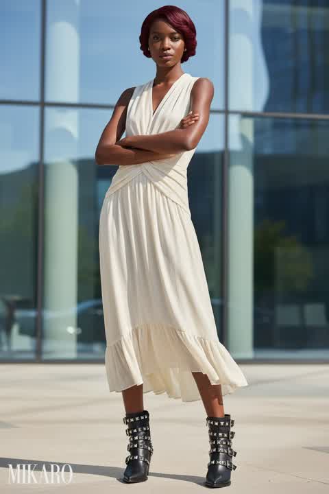 Elegant Sleeveless Dress with Studded Ankle Boots