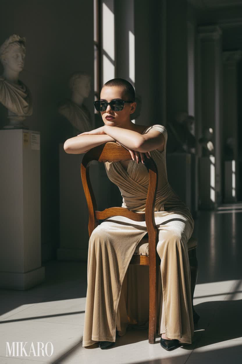 Elegant Velvet Gown & Ray-Ban Sunglasses in Museum Setting