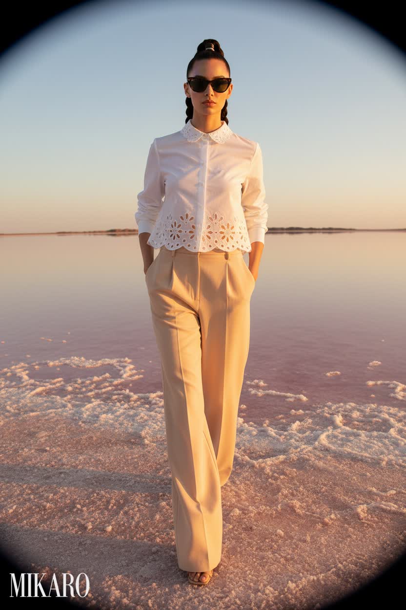 Elegant Wide Leg Pants & Eyelet Shirt Ensemble
