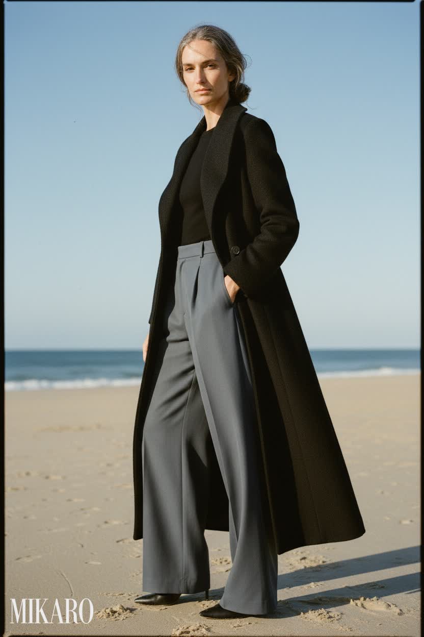 Elegant Wool Trench Coat with Wide-Leg Trousers