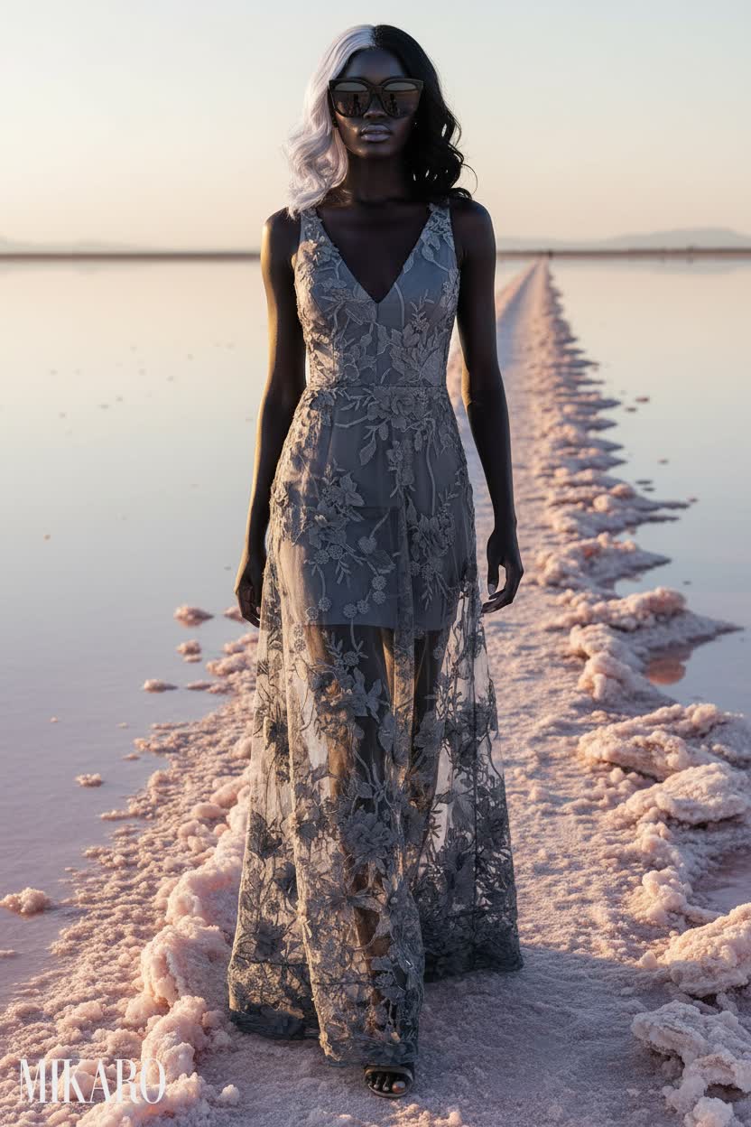 Embellished Gown with Oversized Square Sunglasses