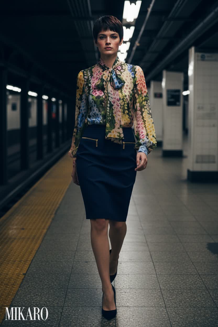 Floral Chiffon Blouse and Navy Pencil Skirt