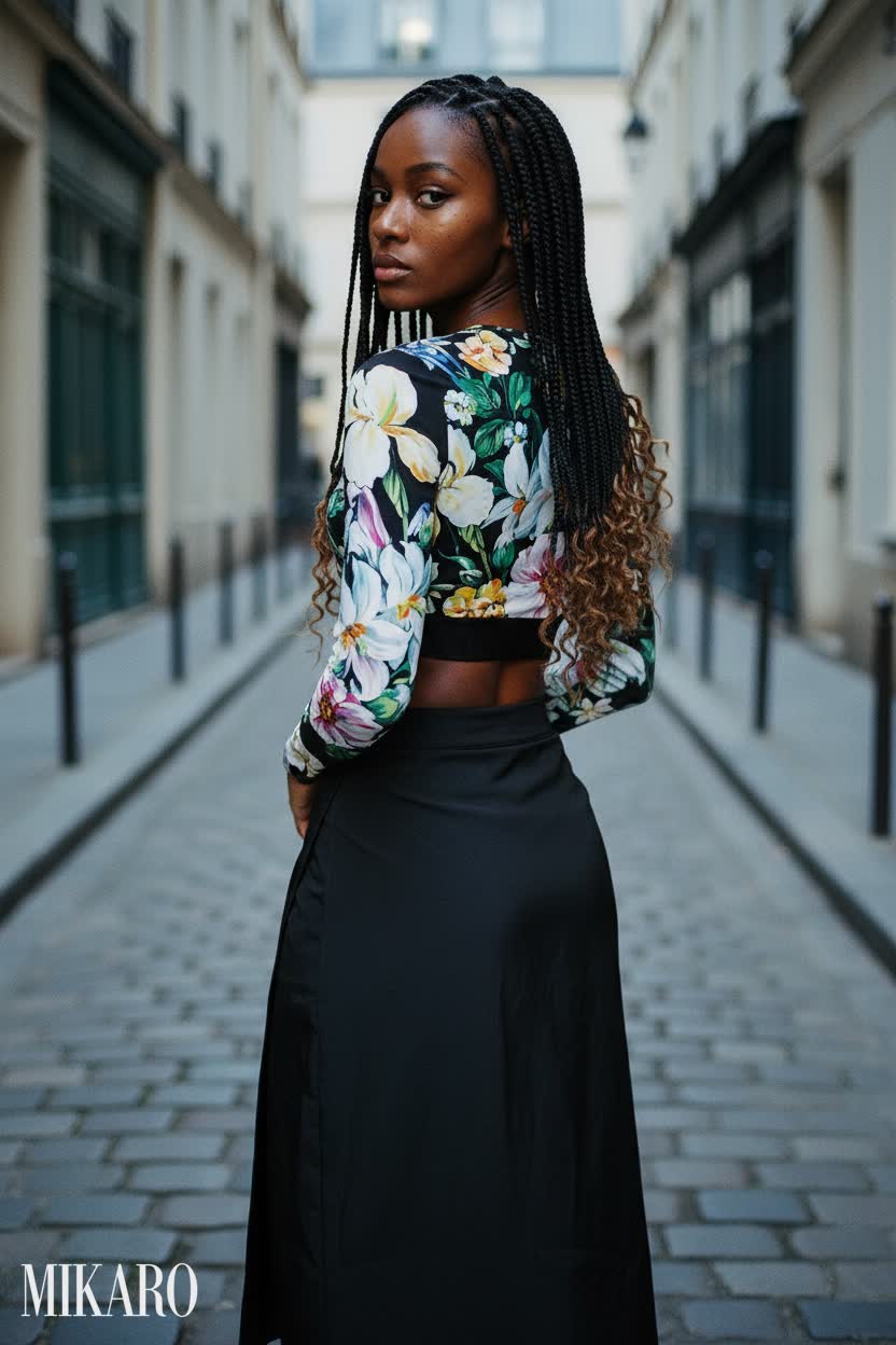 Floral Crop Top & Black Wrap Skirt Parisian Chic