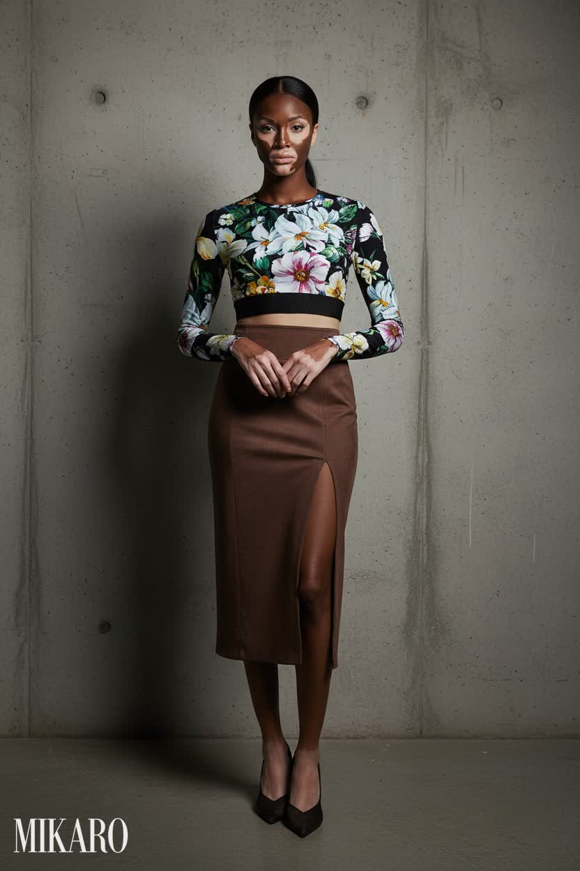 Floral Crop Top & Suede Midi Skirt