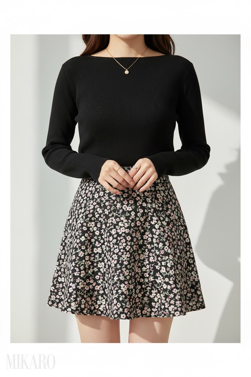 Floral Mini Skirt with Black Long-Sleeve Top