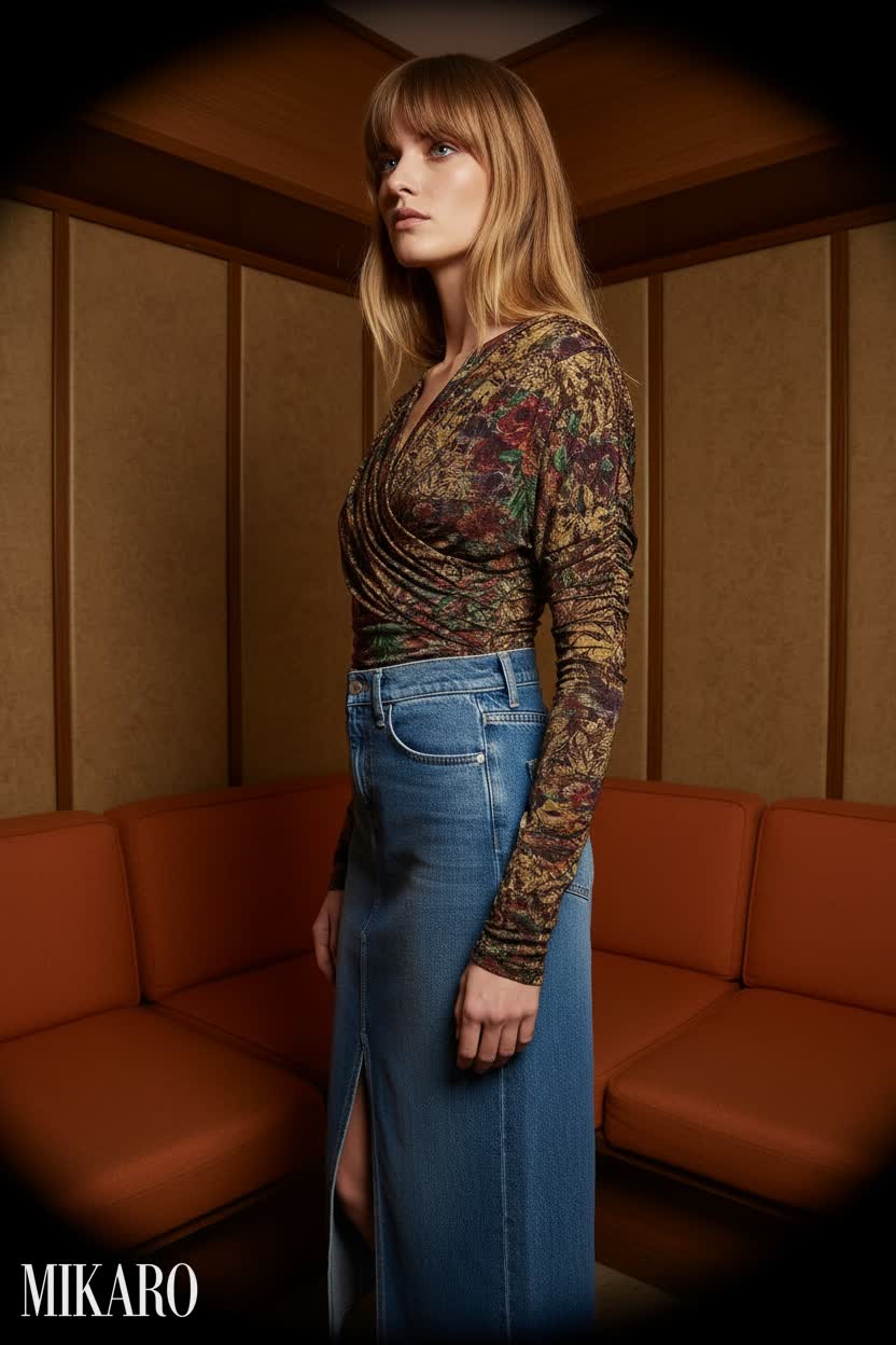 Floral Ruched Top & Denim Midi Skirt Ensemble