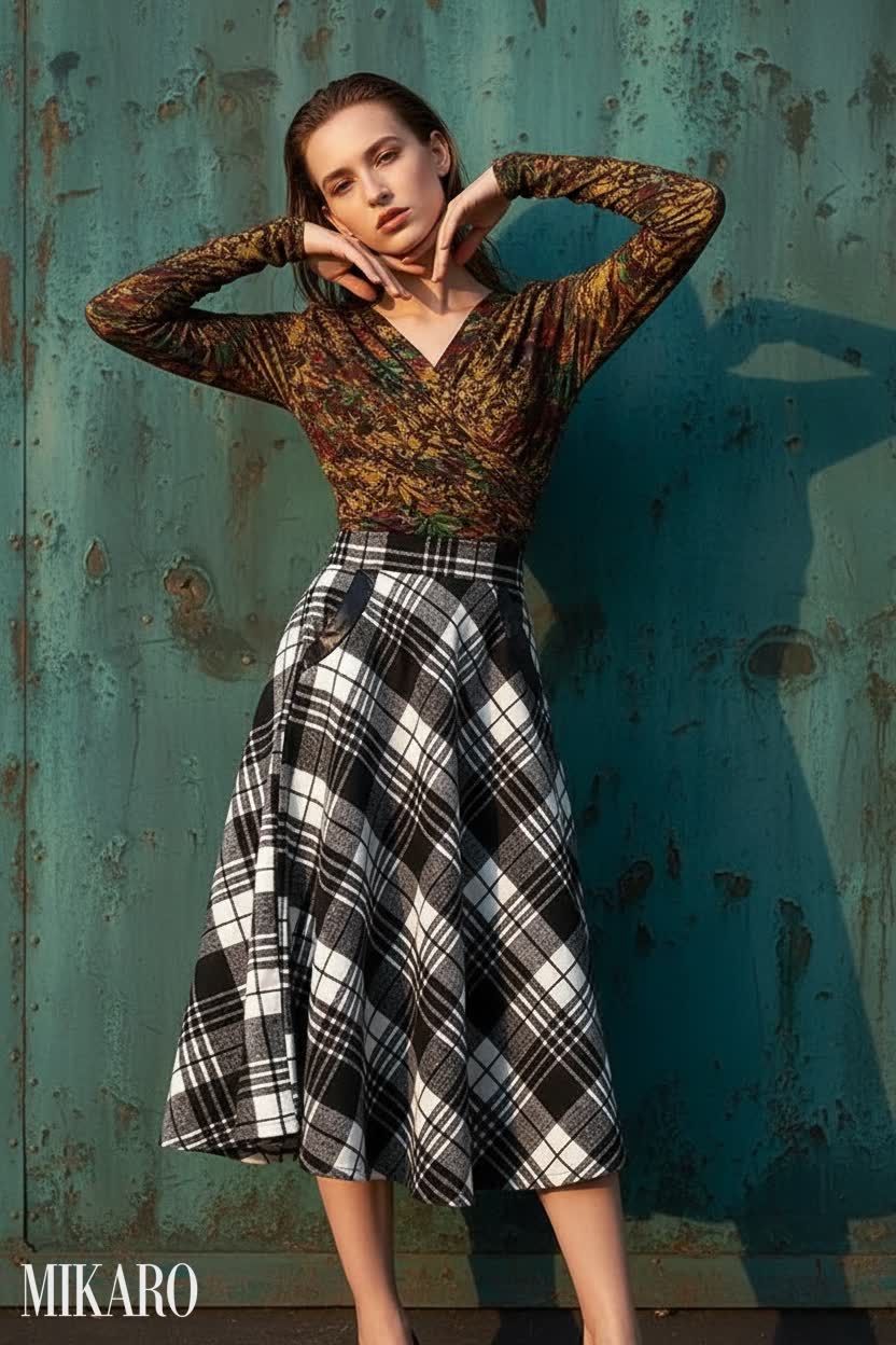 Floral Ruched Top with Plaid Midi Skirt