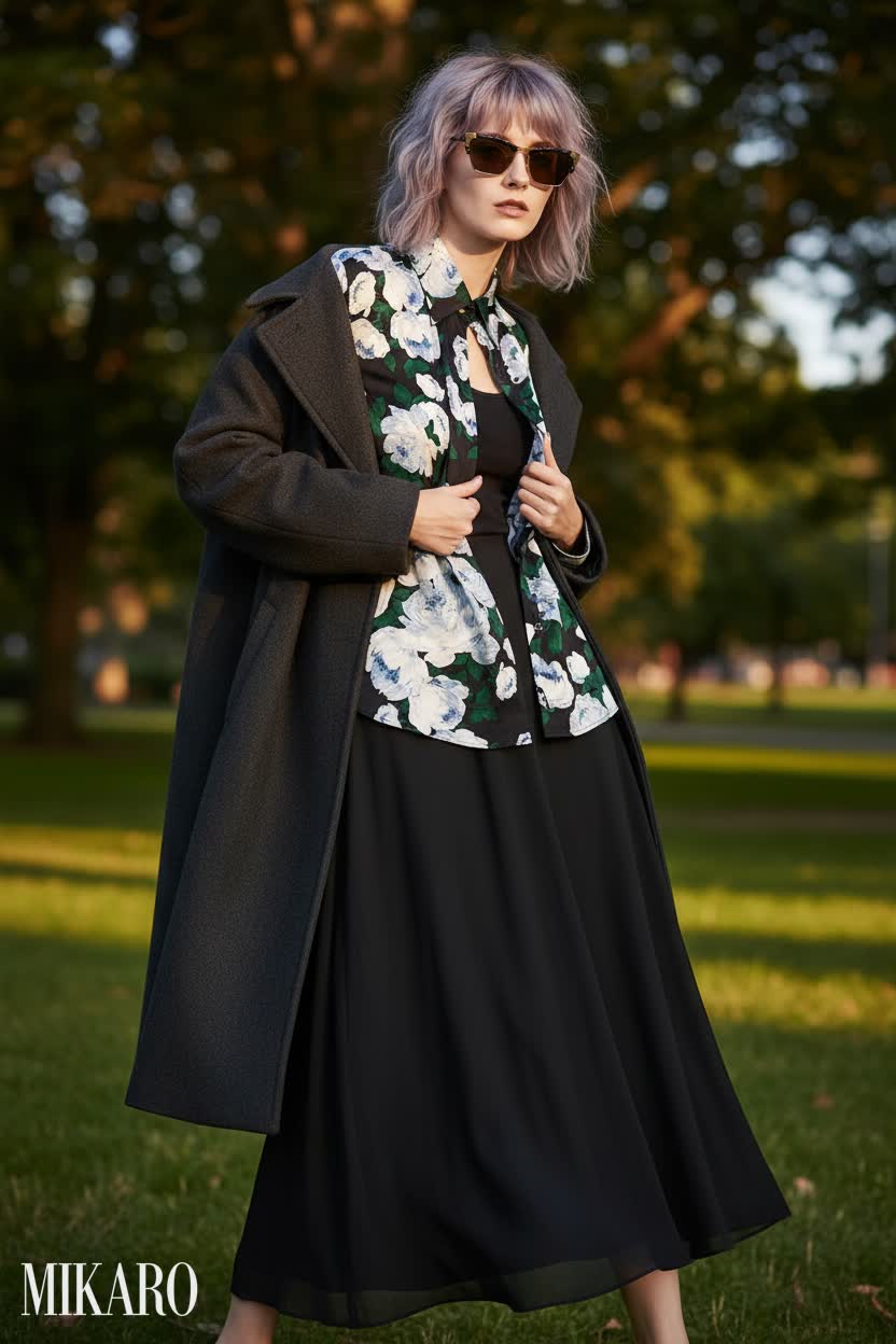 Floral Shirt & Maxi Skirt Ensemble with Grunge Edge