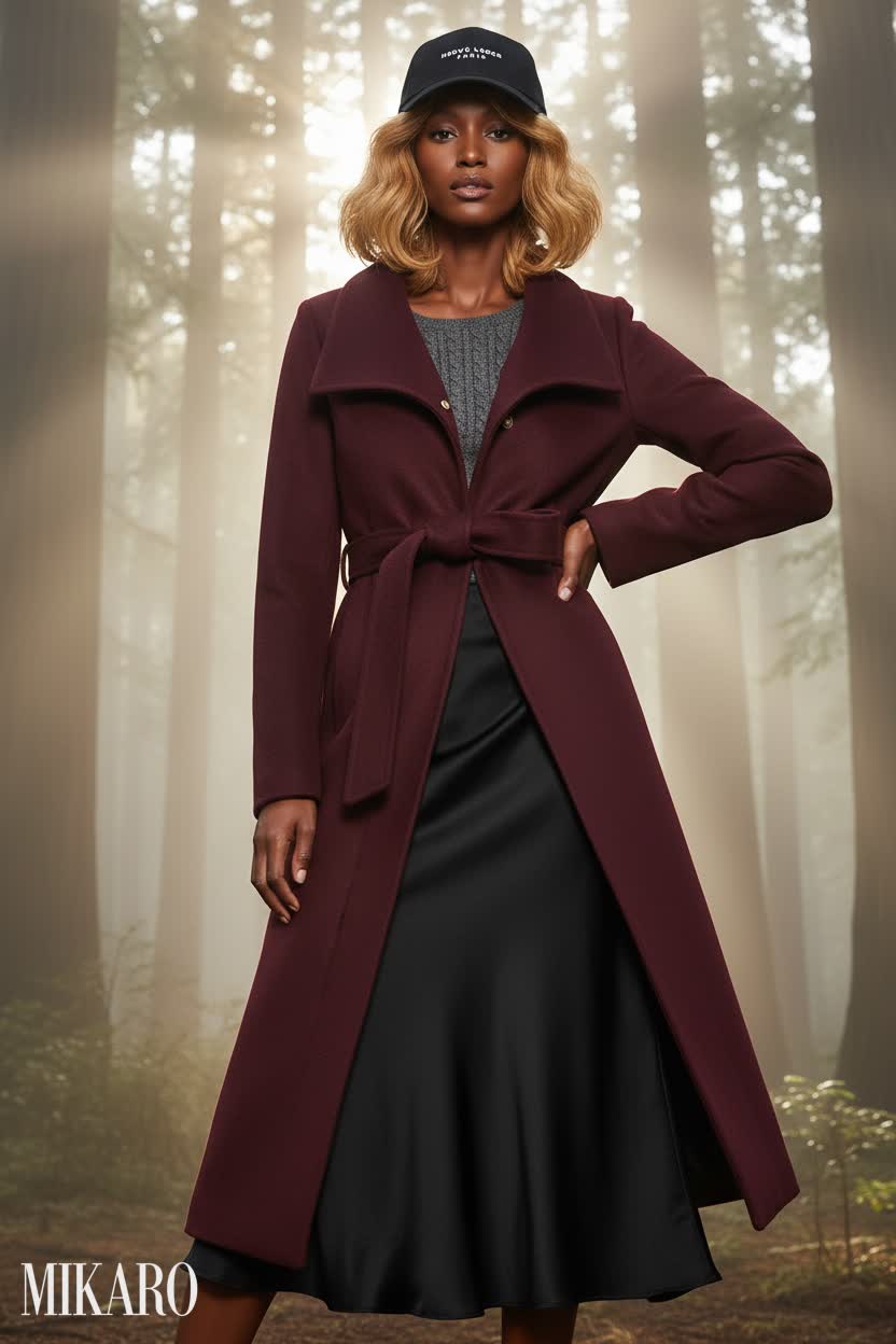 Forest Elegance: Burgundy Coat & Satin Skirt Ensemble