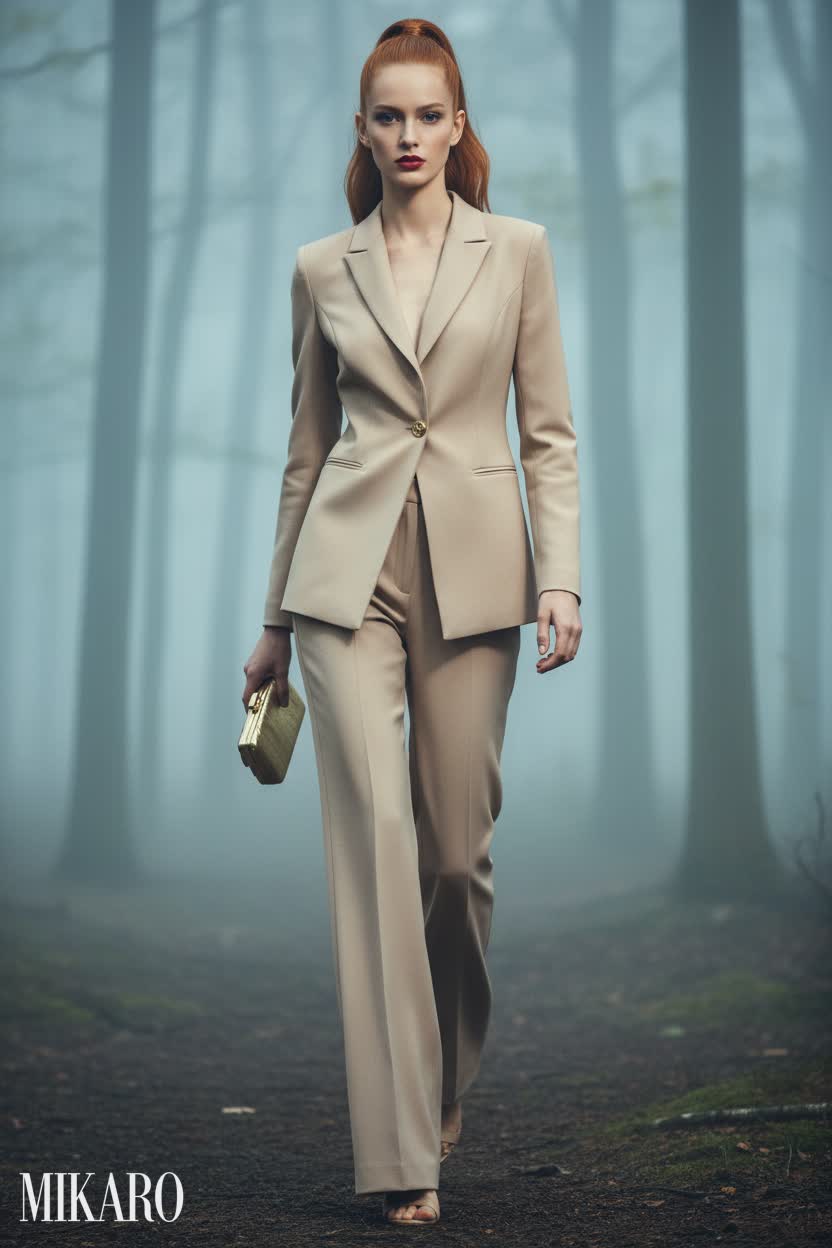 Forest Elegance: Copper-Haired Italian Woman in ZESICA Business Suit