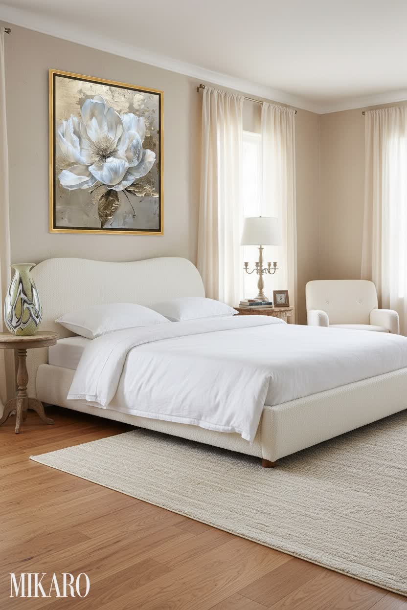 French Country Bedroom Retreat: Boucle Bed, Murano Vase, Floral Art Decor Ideas