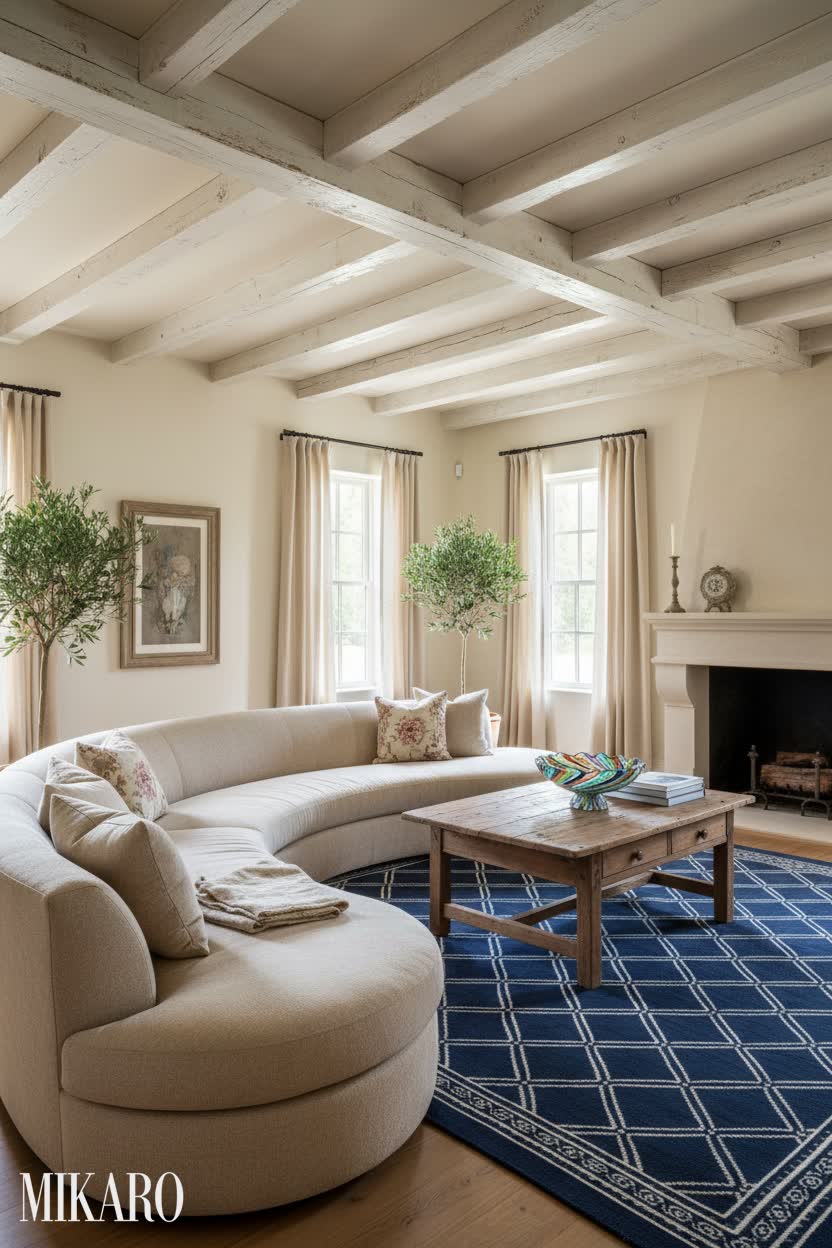 French Country Living Room: Curved Sofa, Murano Glass & Wool Rug - Elegant Home Decor Ideas