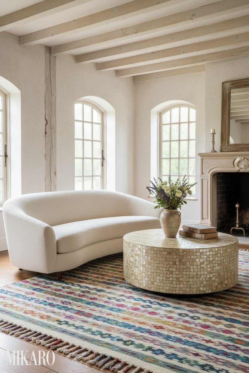 French Country Living Room | Faux Shearling Sofa, Capiz Coffee Table, Geometric Rug
