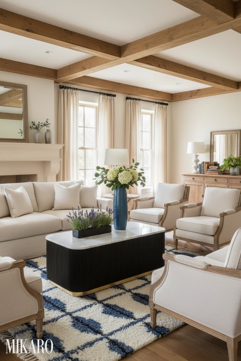 French Country Living Room: Marble Coffee Table, Nordic Vase & Indigo Wool Rug for Elevated Home