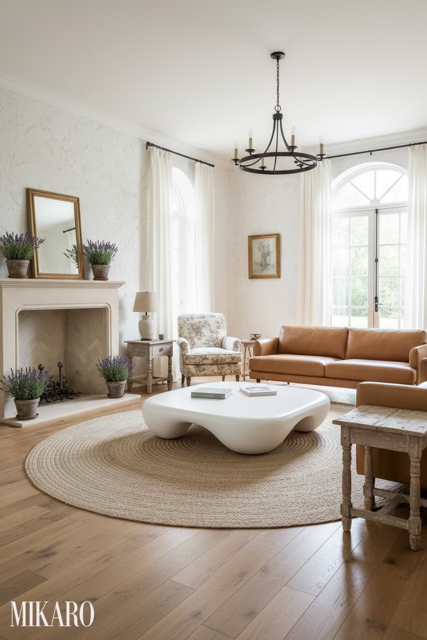 French Country Living Room: Modern Low Coffee Table & Sienna Leather Sofa