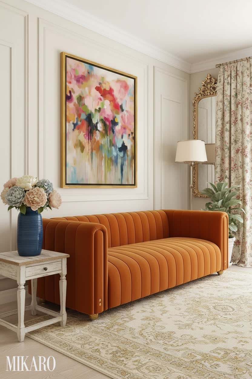 French Country Living Room: Velvet & Floral Harmony