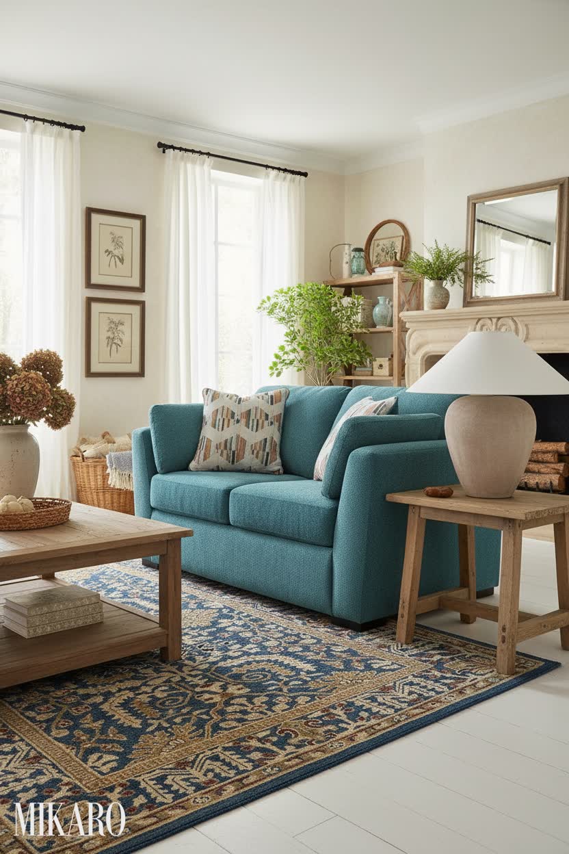 French Country Living Room with Blue Loveseat, Oriental Rug, and Ceramic Lamp