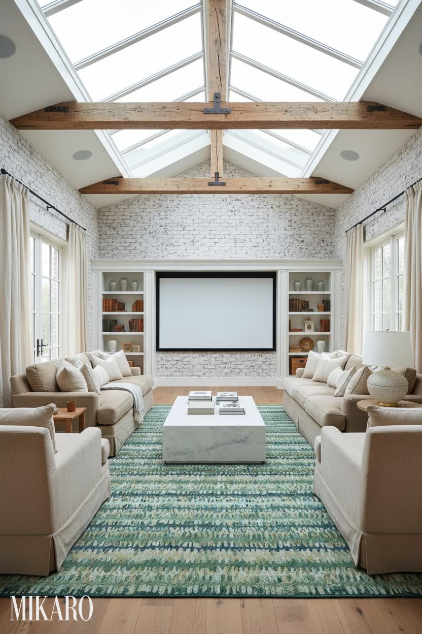 French Country: Luxurious Home Theater with Glass Ceiling and Elegant Furnishings