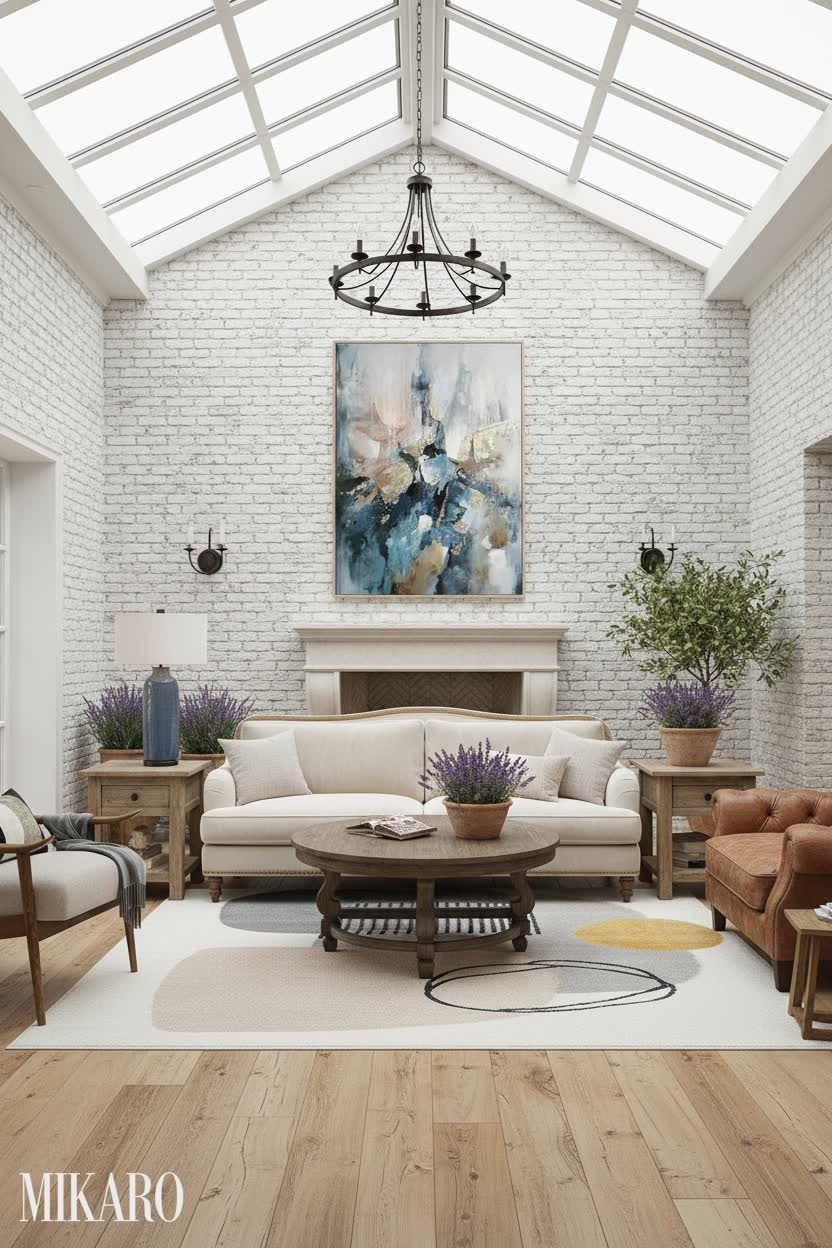 French Country: Serene Den with White Brick and Glass Ceiling