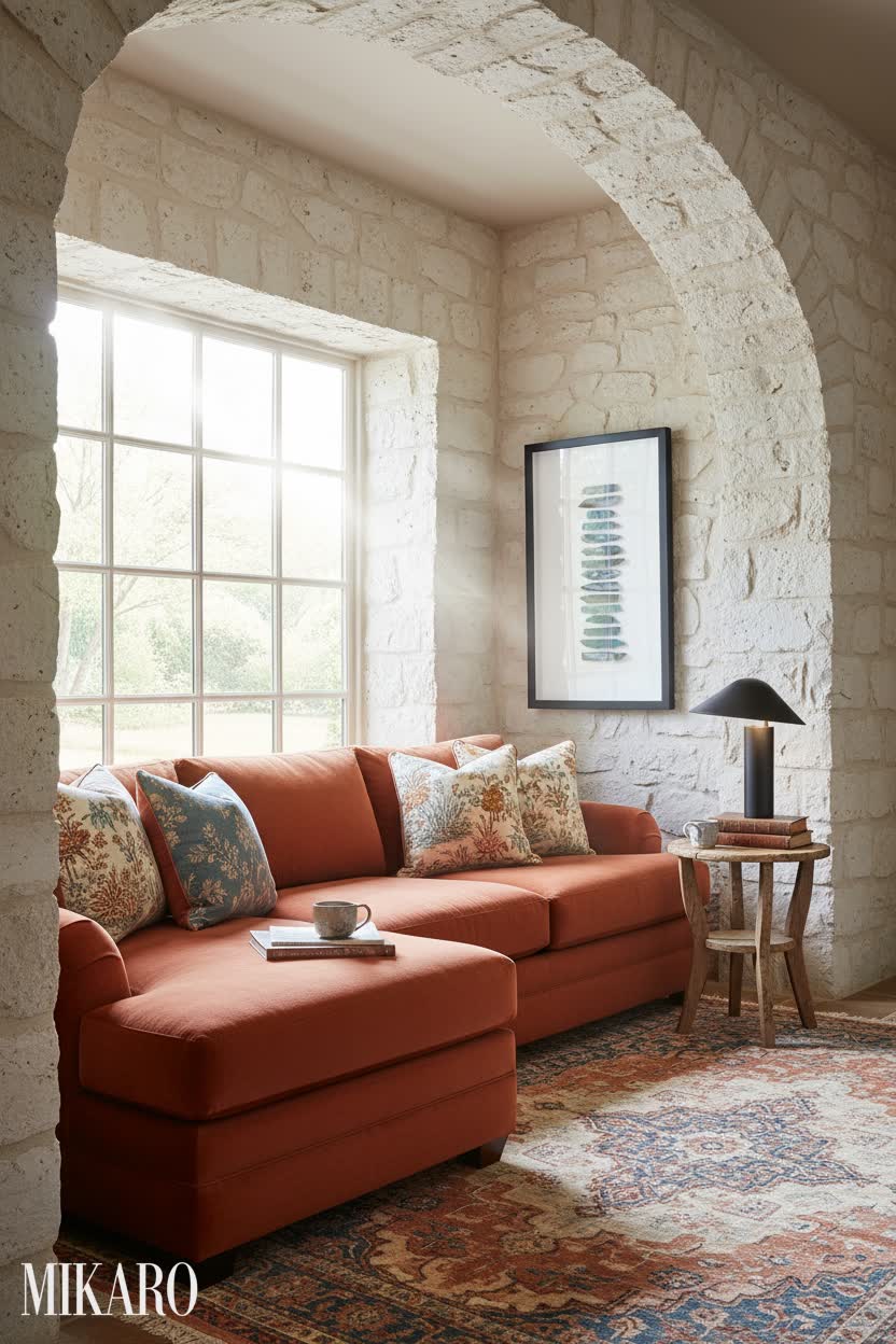 French Country Window Seat: Cozy Corner with Terracotta Sofa & Agate Art