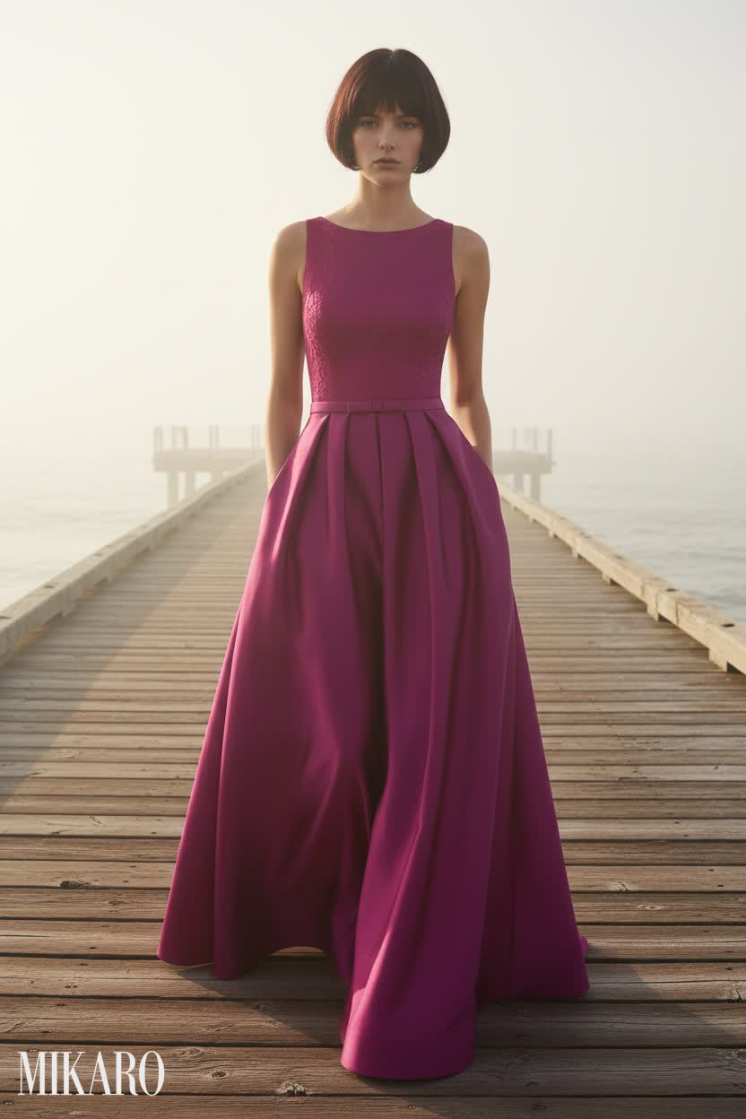 Fuchsia Crew Neck A-Line Gown