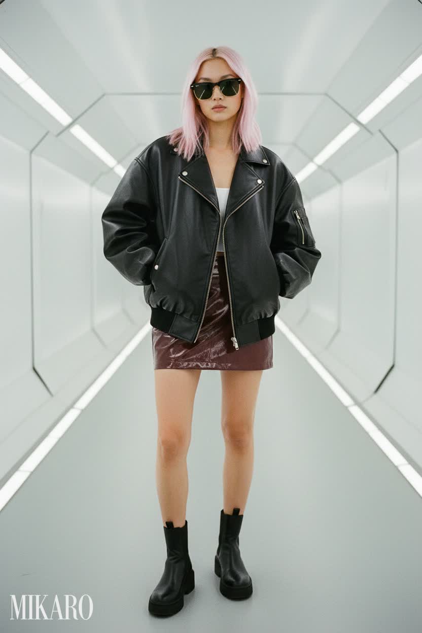 Futuristic Edge: Leather Jacket & Patent Skirt Ensemble