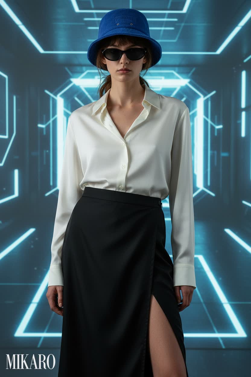 Futuristic Elegance: Satin Blouse, Wrap Skirt & Bucket Hat Ensemble
