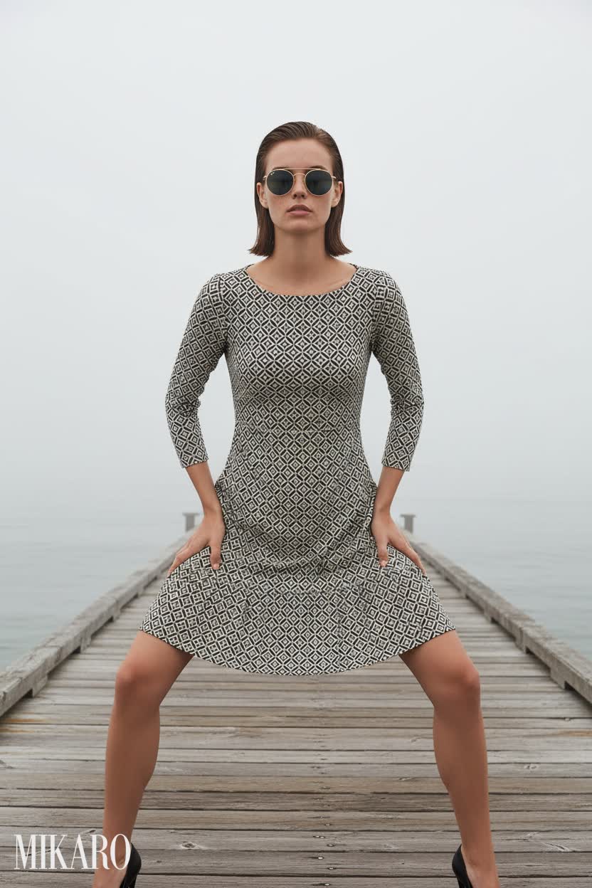 Geometric Print Dress & Round Sunglasses on a Foggy Pier