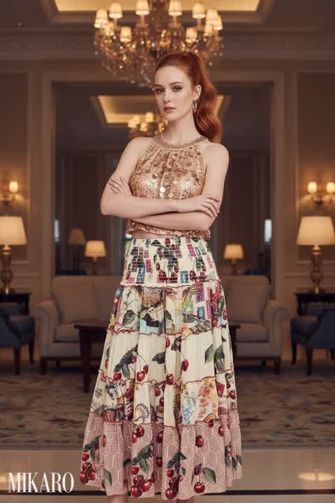 Glamorous Sequin Top & Bohemian Skirt in a Luxury Lobby