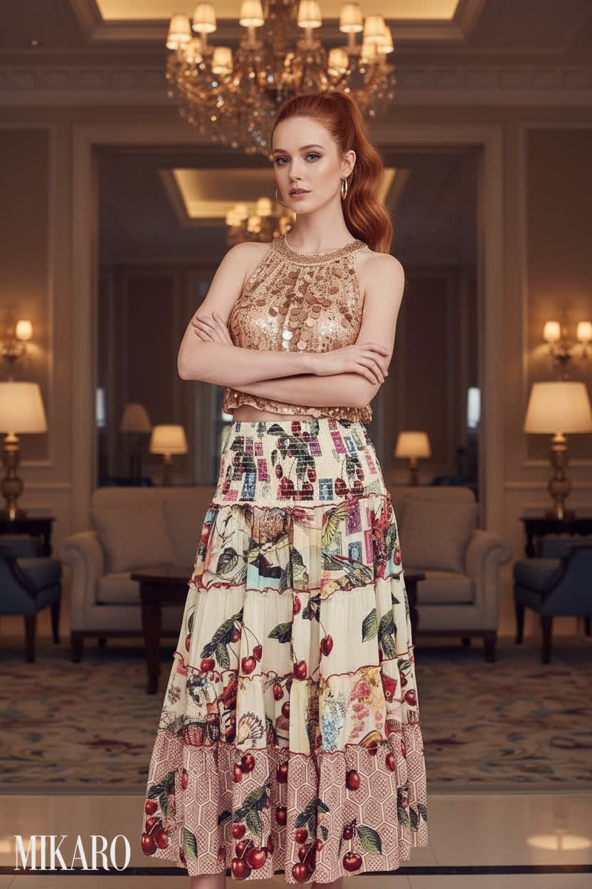Glamorous Sequin Top & Bohemian Skirt in a Luxury Lobby