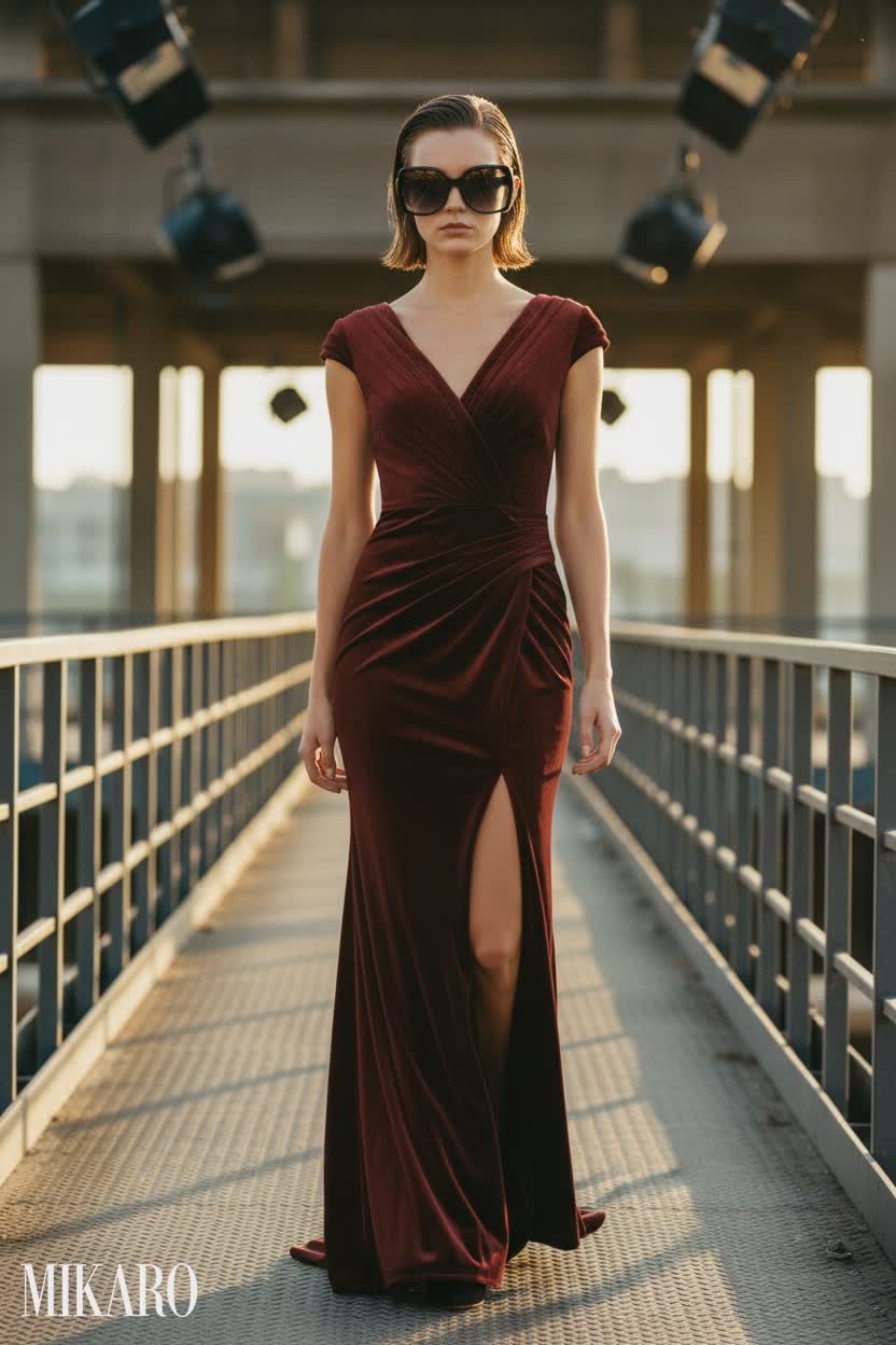 Glamorous Velvet Gown with Statement Sunglasses